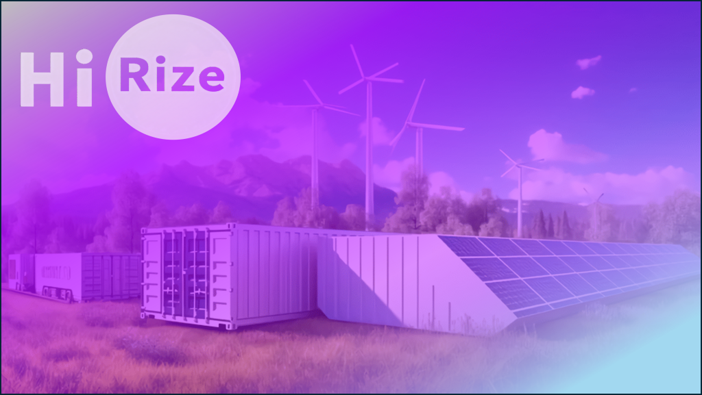 HiRize Commercial Battery Storage - Intelligent Battery Storage Solution presented behind purple hue with Hi Rize Logo on low gradient at the top right